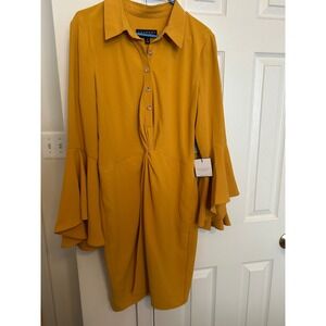 Laundry by Shelli Segal Mustard Yellow Twist Front Flare Sleeve Dress Size 12